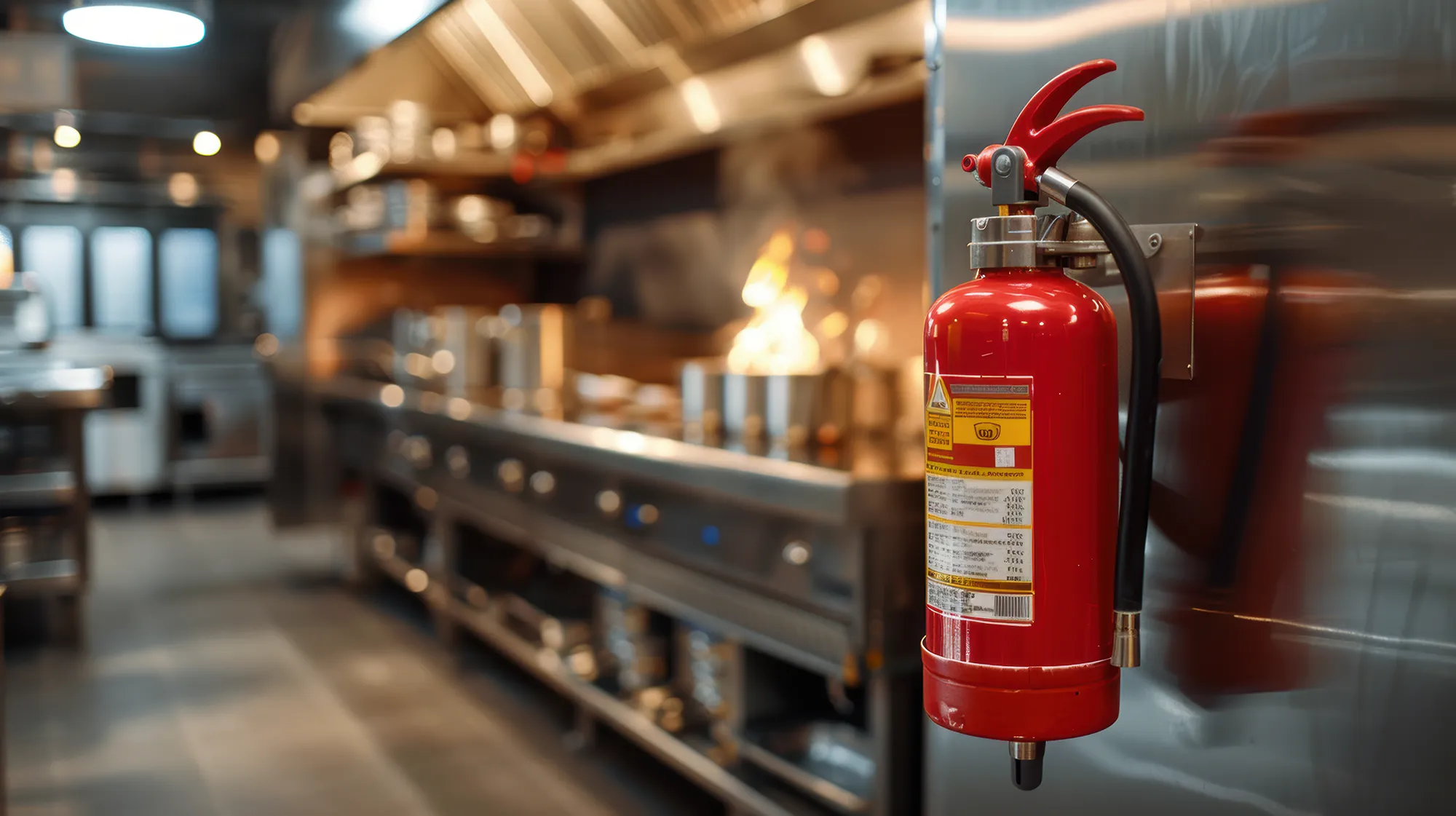 en brandsläckare monterad inne i ett restaurangkök där det brinner i en kastrull
